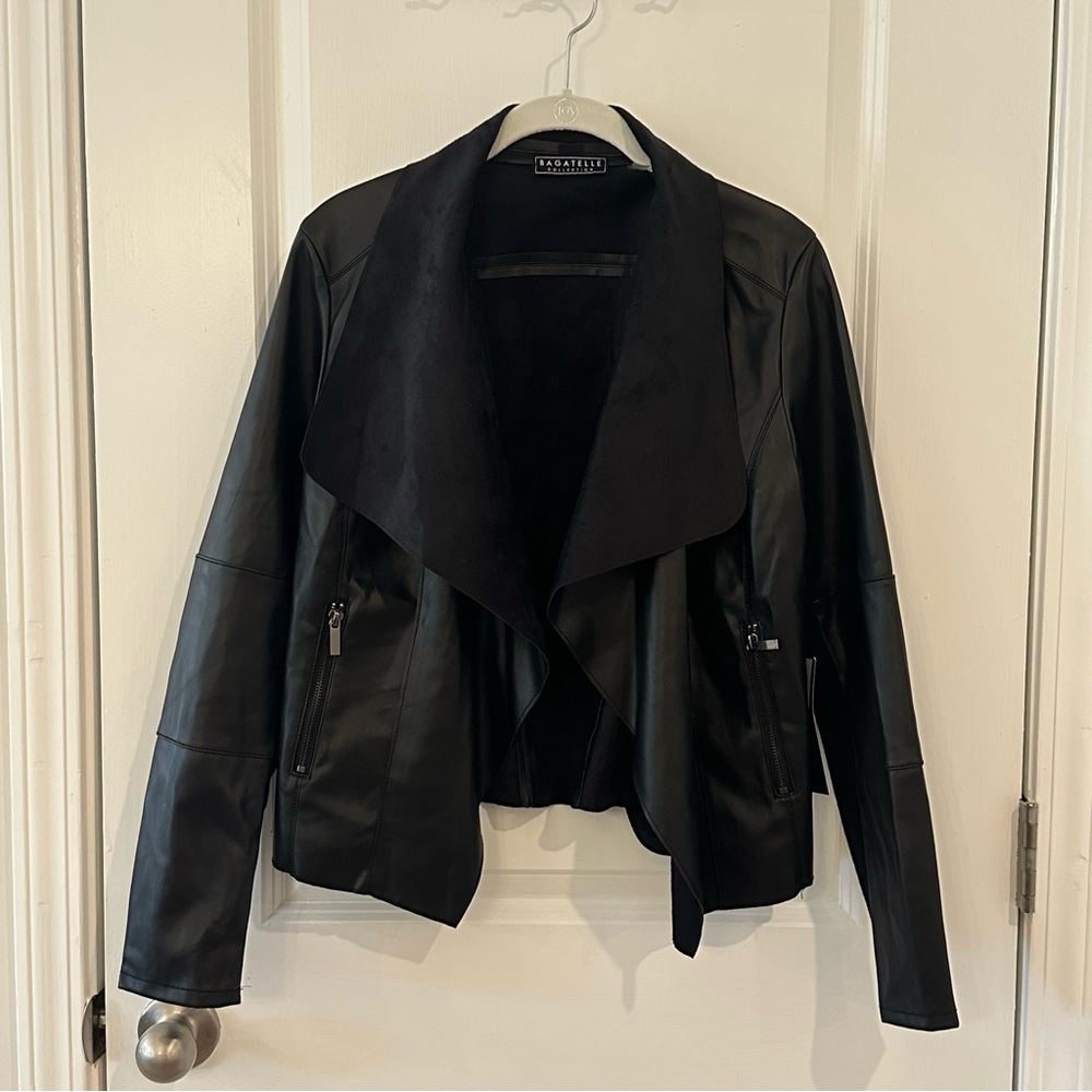 Bagatelle Black Leather Jacket with Waterfall Lapels